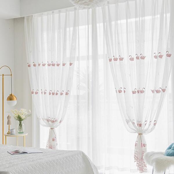 

Swan Embroidery Single Panel Curtain, White