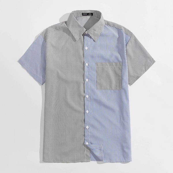 

Men Collared Pocket Front Spliced Striped Shirt, Multicolor