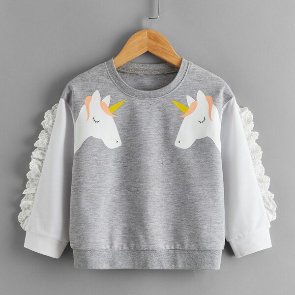 

Toddler Girls Unicorn Print Ruffle Trim Sweatshirt, Grey
