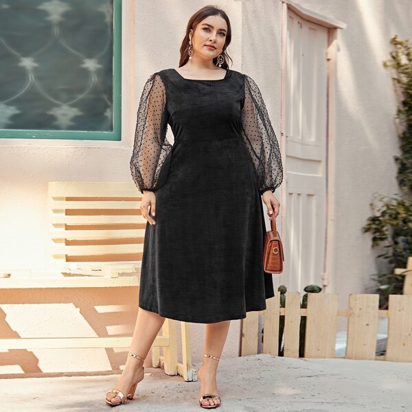 

Plus Square Neck Swiss Dot Mesh Sleeve Ribbed Velvet Dress, Black