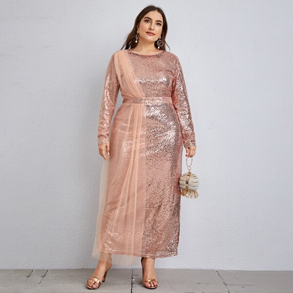 

Plus Split Side Mesh Panel Sequin Dress, Coral pink