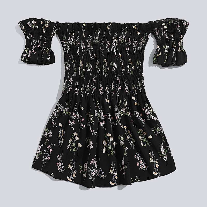 

Ditsy Floral Off Shoulder Shirred Blouse, Black