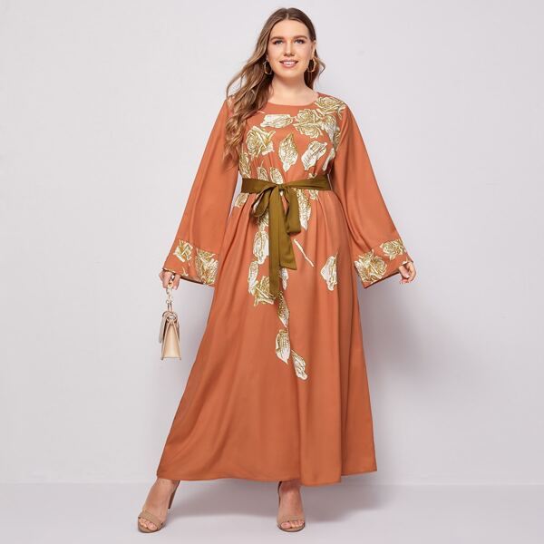 

Plus Self Belted Floral Print Dress, Coral orange