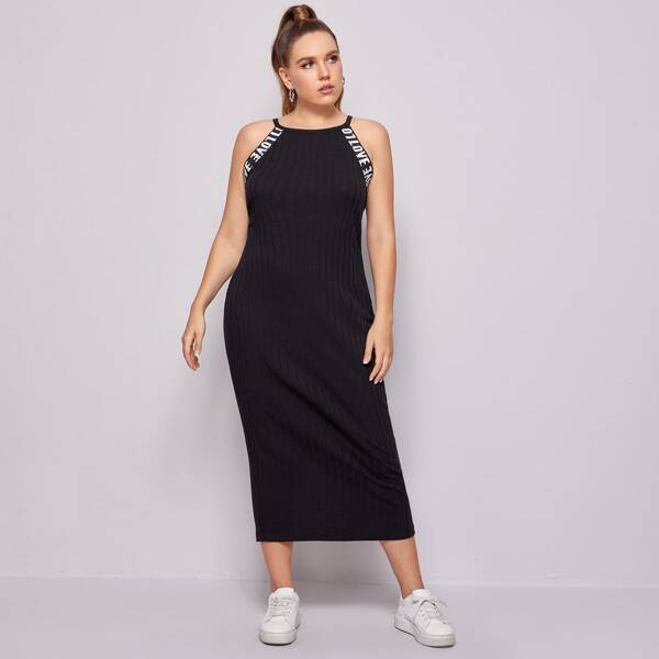 

Plus Letter Tape Trim Rib-knit Halter Dress, Black
