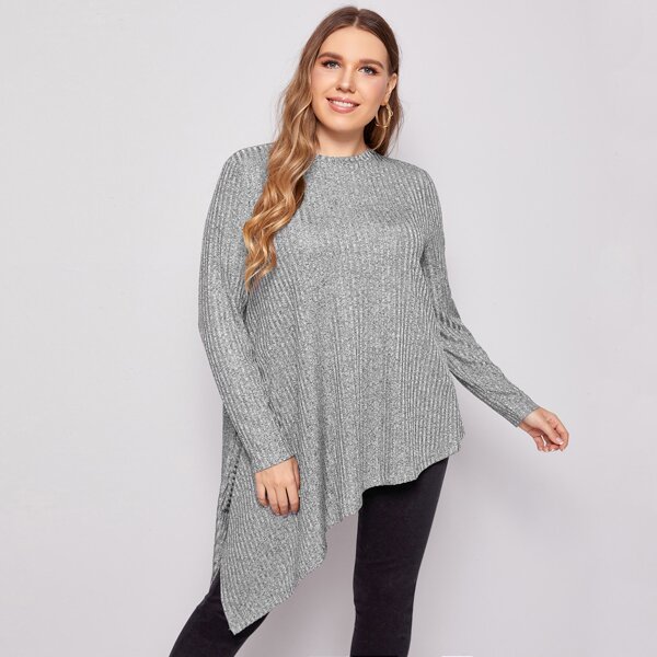 

Plus Asymmetrical Hem Rib-knit Top, Grey