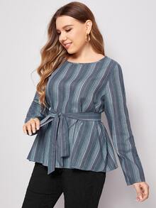 SHEIN Top de rayas con cinturón - Multicolor - Ver 3