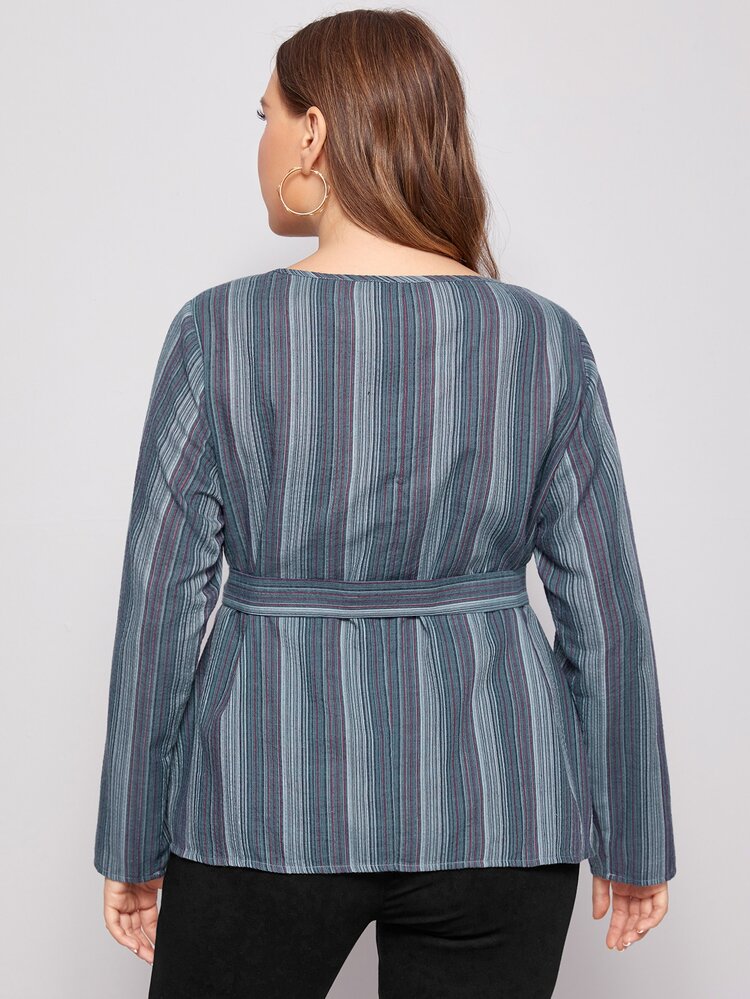 SHEIN Plus Self Belted Striped Top - Multicolor - View 2