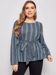 SHEIN Top de rayas con cinturón - Multicolor - Ver 4