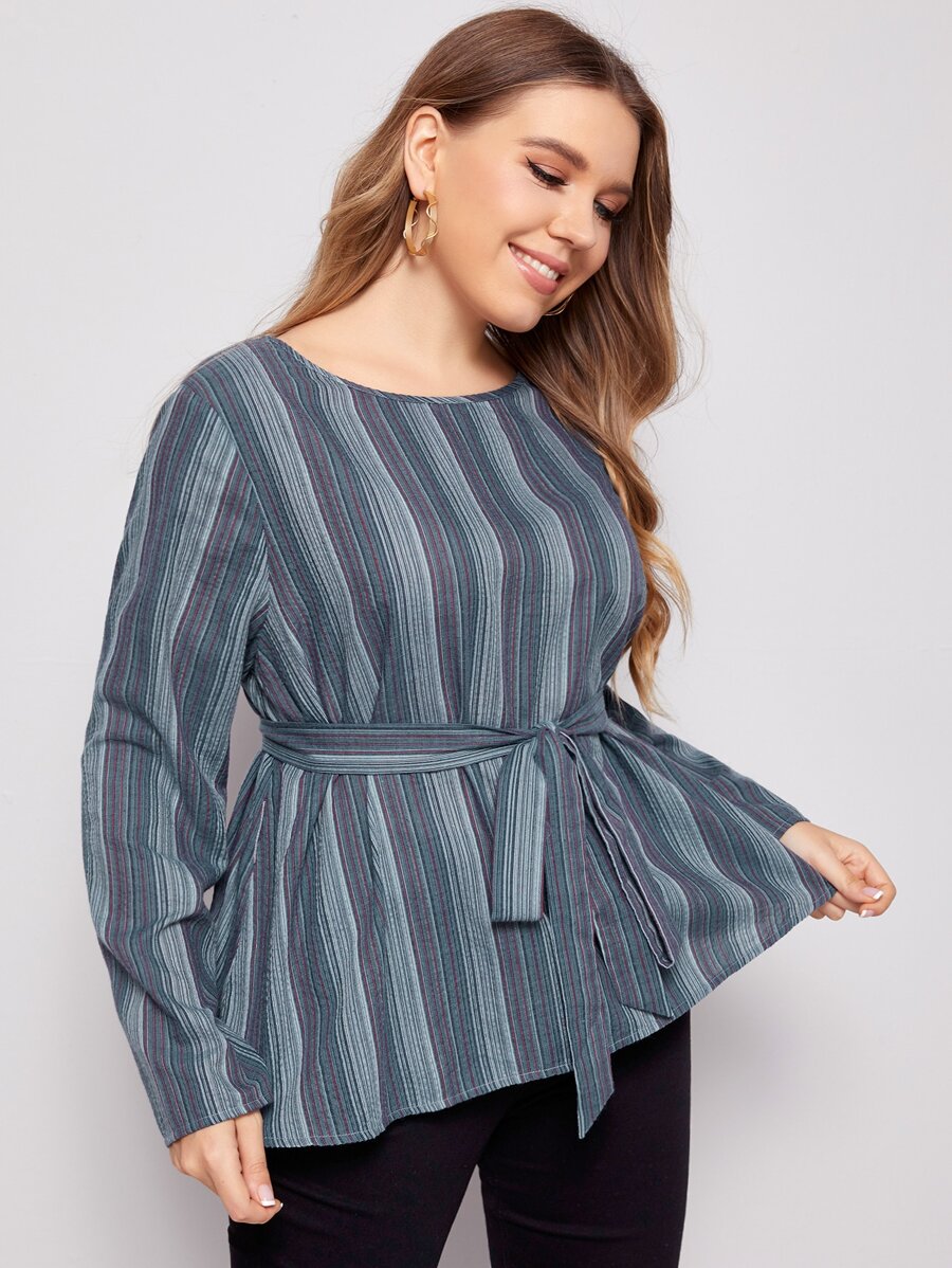 SHEIN Top de rayas con cinturón - Multicolor - Ver 1