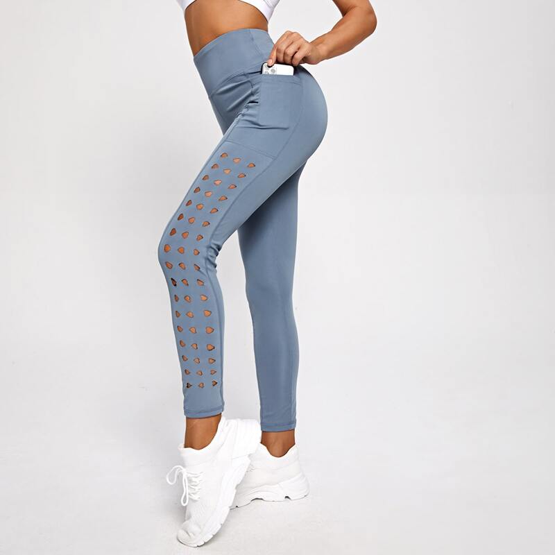 

Hallow Out Wide Band Waist Sports Leggings With Phone Pocket, Dusty blue