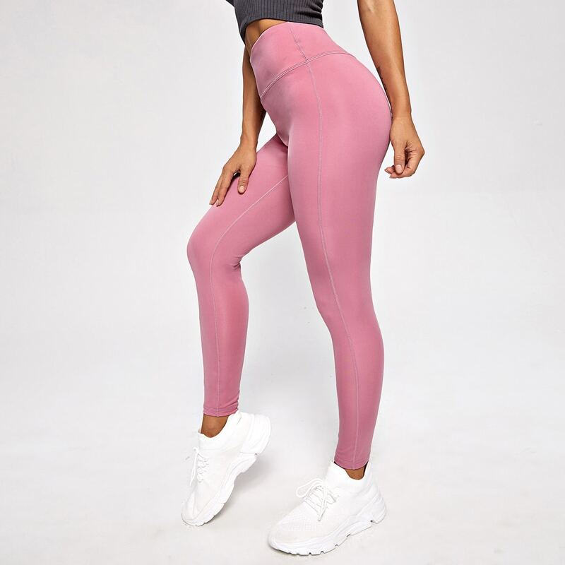 

Solid Wide Band Waist Sports Leggings, Pink