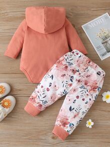 女嬰花卉圖案袋鼠口袋連帽連體衣帶褲子 - 彩色 - 查看 2