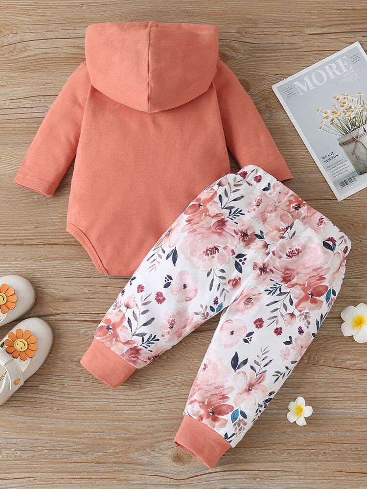 女嬰花卉圖案袋鼠口袋連帽連體衣帶褲子 - 彩色 - 查看 2