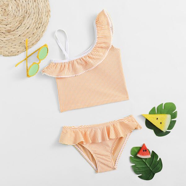 

Toddler Girls Striped Ruffle Bikini Swimsuit, Coral orange
