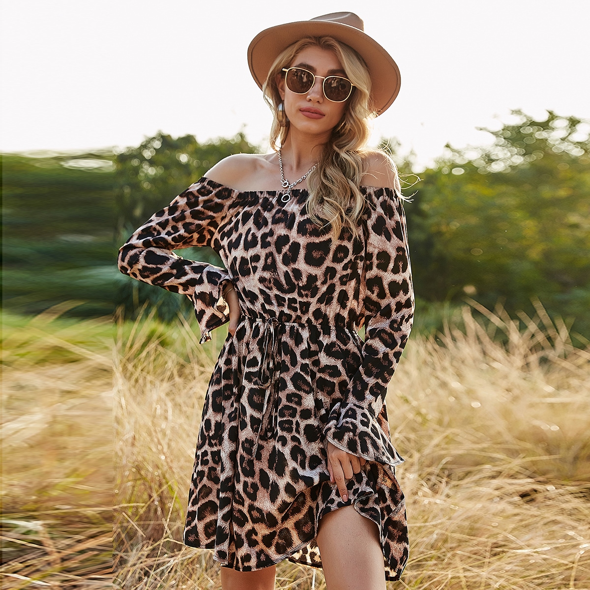 Image of Allover Print Knot Front Bardot Dress