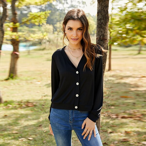

Solid Button Up Jacket, Black