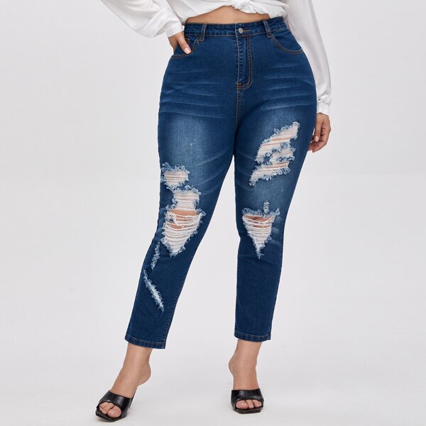 

Plus High Waist Ripped Cropped Jeans, Medium wash