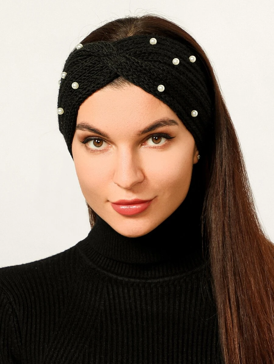 Faux Pearl Twist Design Headband Hair Band Turban Headband Sweatband - Black - View 1
