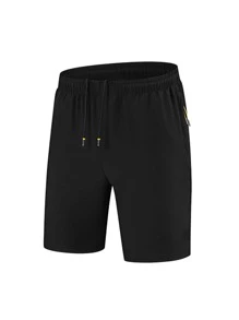 Men Slant Pocket Drawstring Sports Shorts - Black - View 1