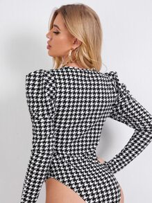 SHEIN Privé Surplice Neck Gigot Sleeve Houndstooth Bodysuit - Black and White - View 2