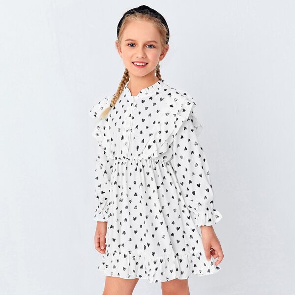 

Girls Confetti Heart Print Ruffle Trim Dress, White