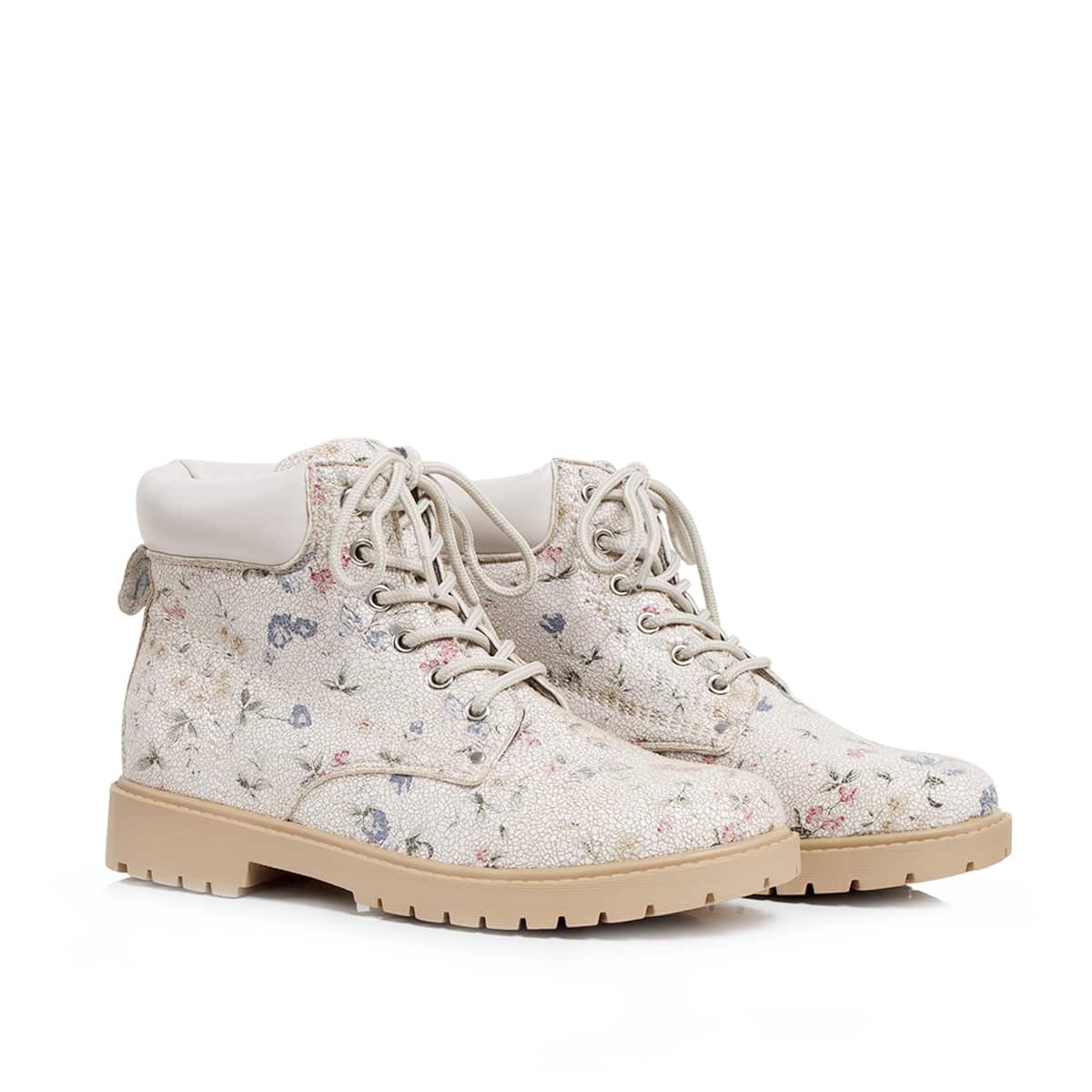 

Ditsy Floral Print Lace Up Front Boots, White
