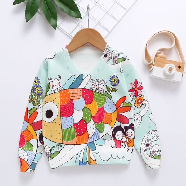 

Toddler Girls Cartoon Pattern V Neck Sweater, Multicolor