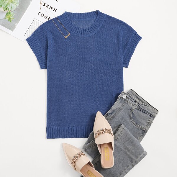 

Solid Cap Sleeve Knit Top, Blue