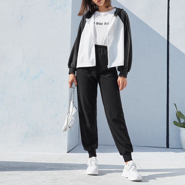 

Colorblock Raglan Sleeve Striped Side Sweatshirt & Joggers Set, Black and white