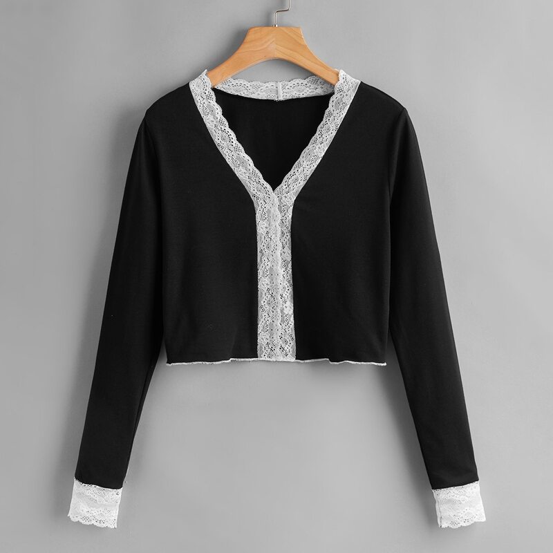 

Contrast Lace Crop Tee, Black