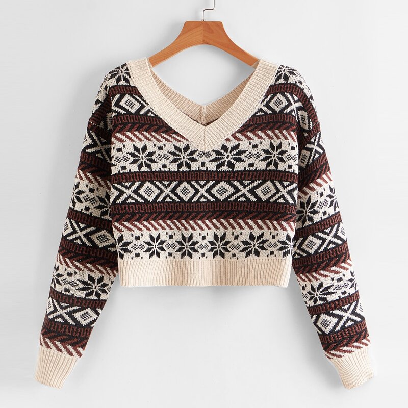 

Tribal Pattern Crop Sweater, Multicolor