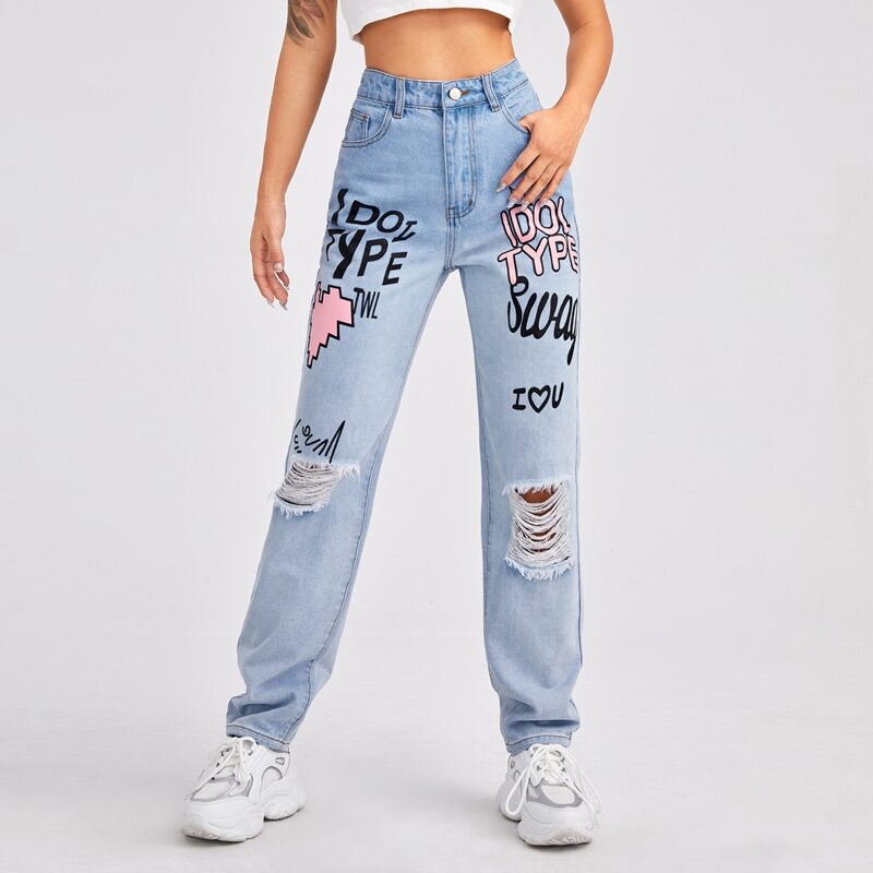 

High Waist Letter Graphic Slant Pocket Ripped Jeans, Light wash
