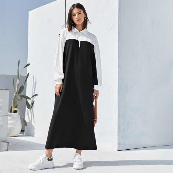 

Drop Shoulder Colorblock Half Zipper Placket Dress, Black