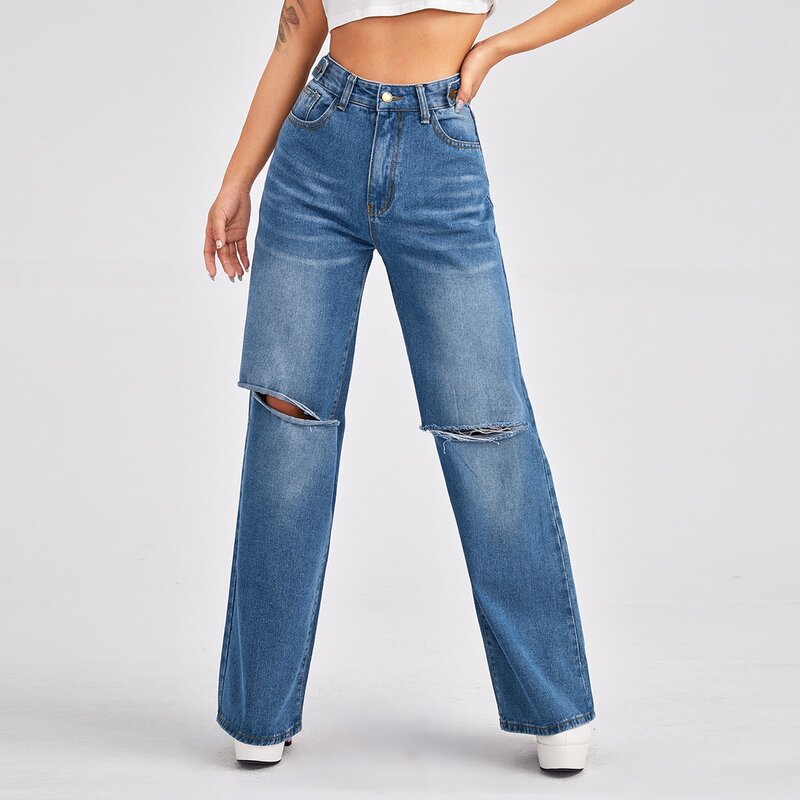 

High Waist Slant Pocket Ripped Straight Jeans, Medium wash