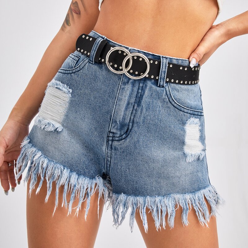 

Tassel Hem Ripped Denim Shorts Without Belt, Medium wash