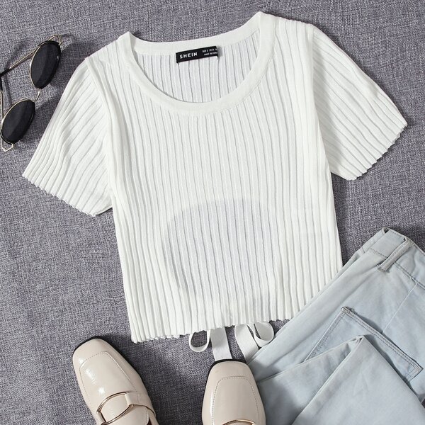 

Tie Back Ribbed Knit Top, White