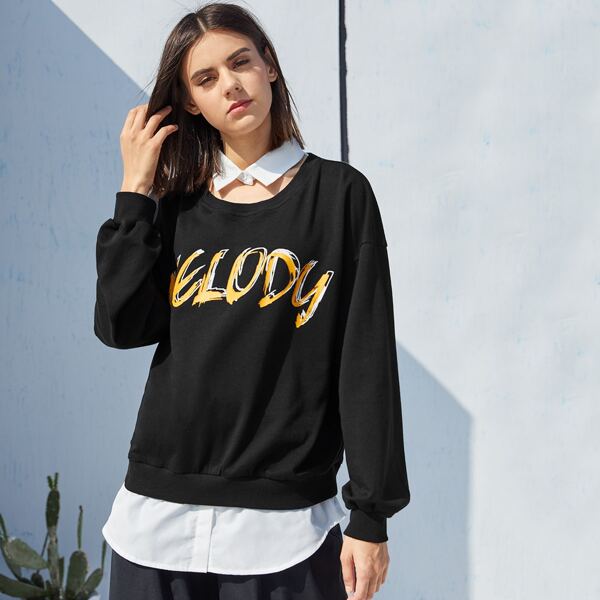 

Drop Shoulder Letter Graphic 2 In 1 Pullover, Black