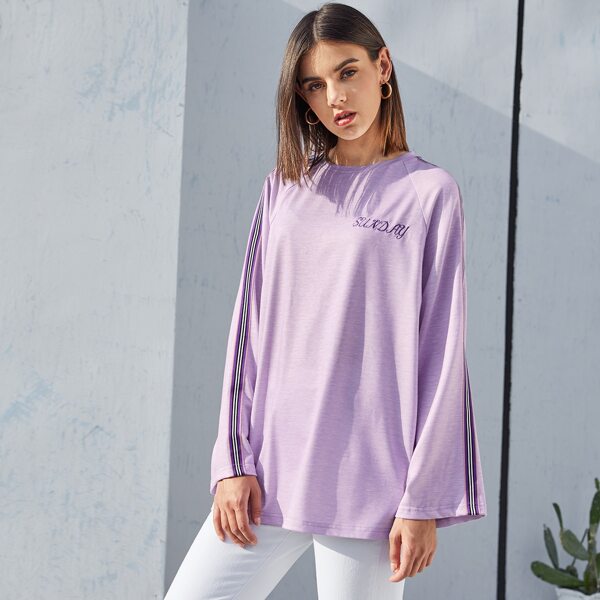

Letter Embroidered Striped Side Tee, Pastel lilac purple