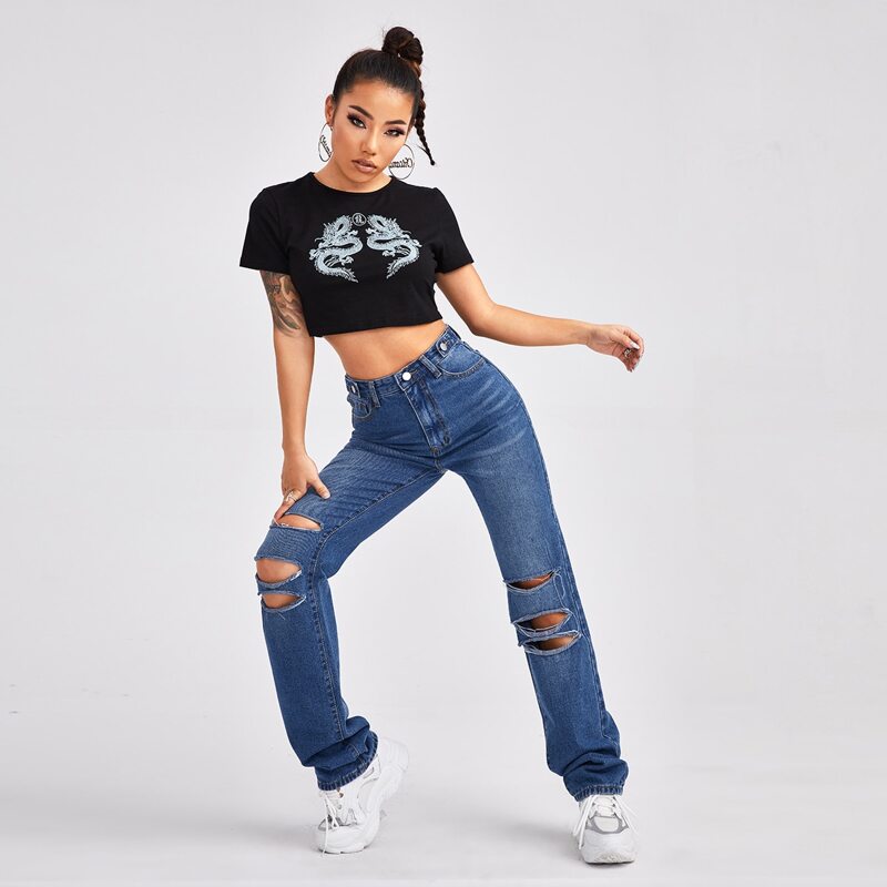 

High Waist Slant Pocket Ripped Straight Jeans, Medium wash
