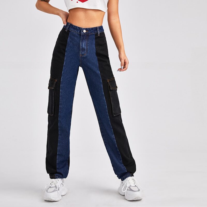 

High Waist Flap Pocket Colorblock Jeans, Multicolor