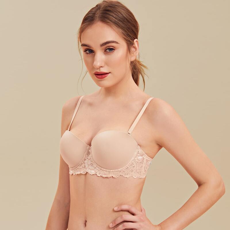Contrast Lace Underwire Bra, Apricot