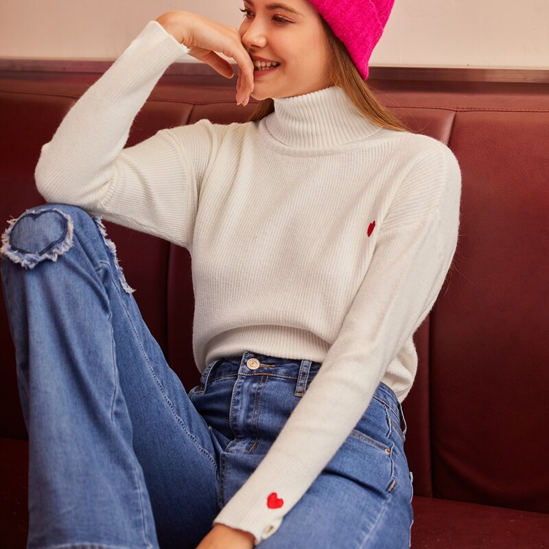 

Heart Embroidery Turtleneck Sweater, Beige