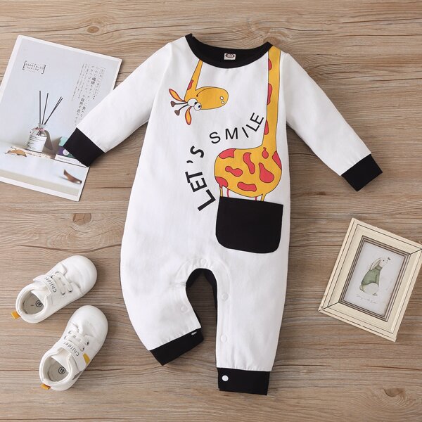 

Baby Boy Slogan & Cartoon Graphic Jumpsuit, Black and white