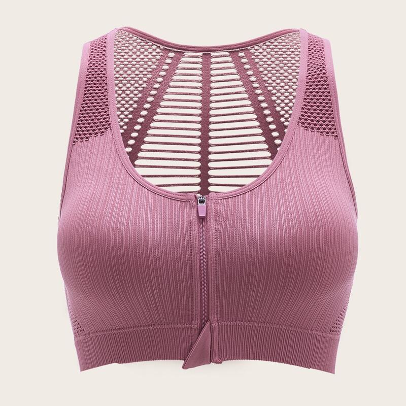 

Zip Front Contrast Fishnet Sports Bra, Dusty pink