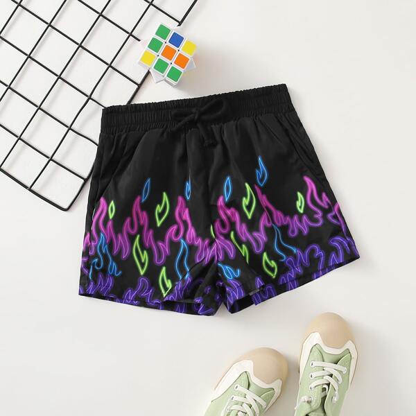 

Girls Knot Waist Fire Print Shorts, Multicolor