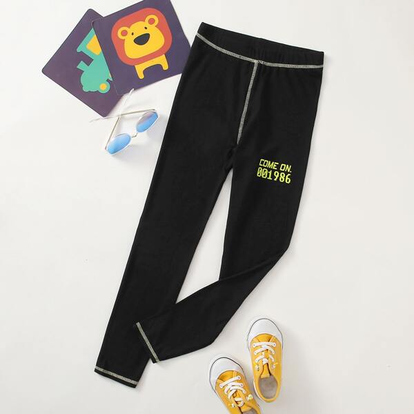 

Girls Letter Graphic Contrast Stitch Leggings, Black