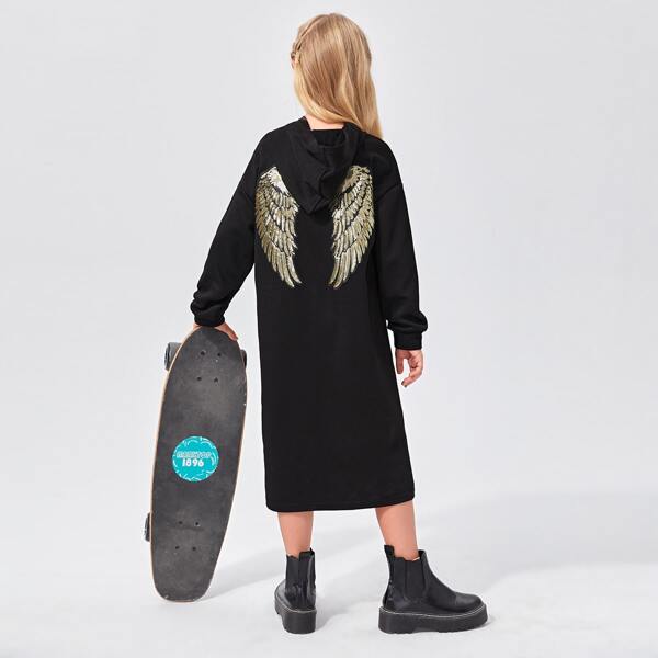 

Girls Drop Shoulder Wing Sequin Patched Hooded Sweatshirt Dress, Black