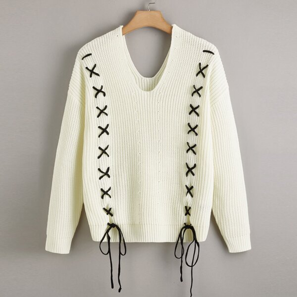 

Plus Lace Up Ribbed Knit Sweater, Beige