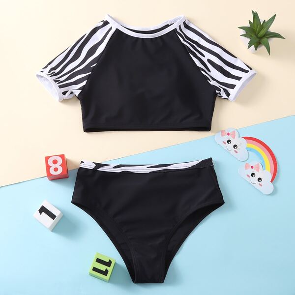 

Girls Zebra Stripe Print Bikini Swimsuit, Black and white