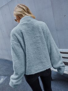 SHEIN LUNE High Neck Drop Shoulder Teddy Sweatshirt - Baby Blue - View 2